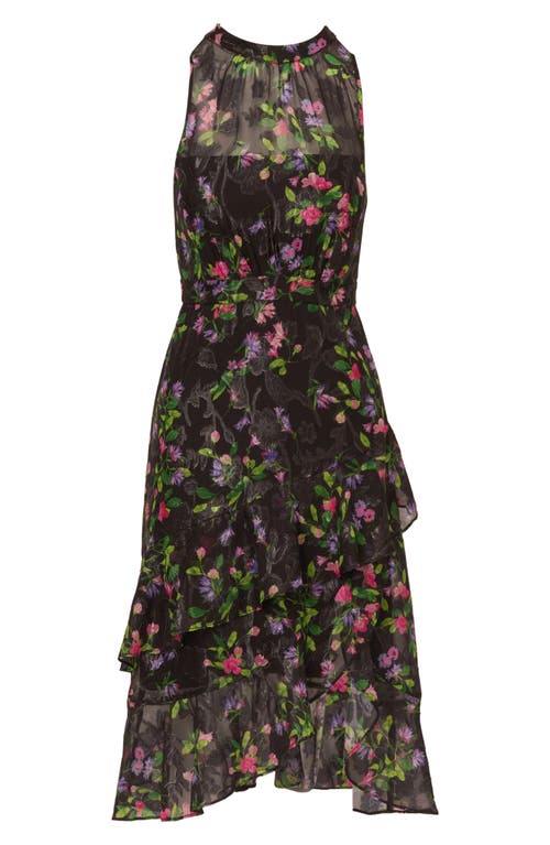 Shop Adrianna Papell Tiered Floral Mock Neck Cocktail Dress In Black Multi