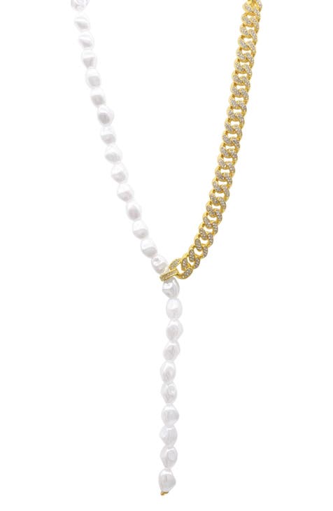 Imitation Pearl & Pavé CZ Curb Chain Y-Necklace