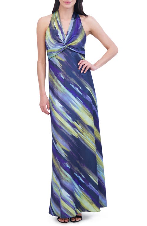 Vince Camuto Abstract Print Knot Front Satin Gown Navy Multi at Nordstrom,