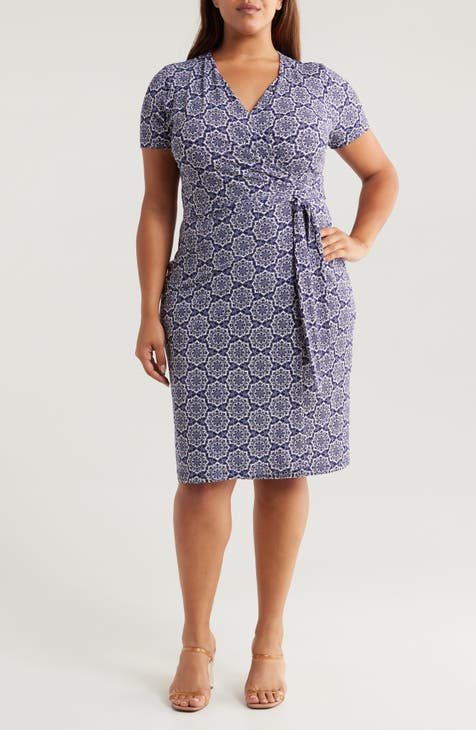 Geometric Short Sleeve Wrap Dress (Plus)