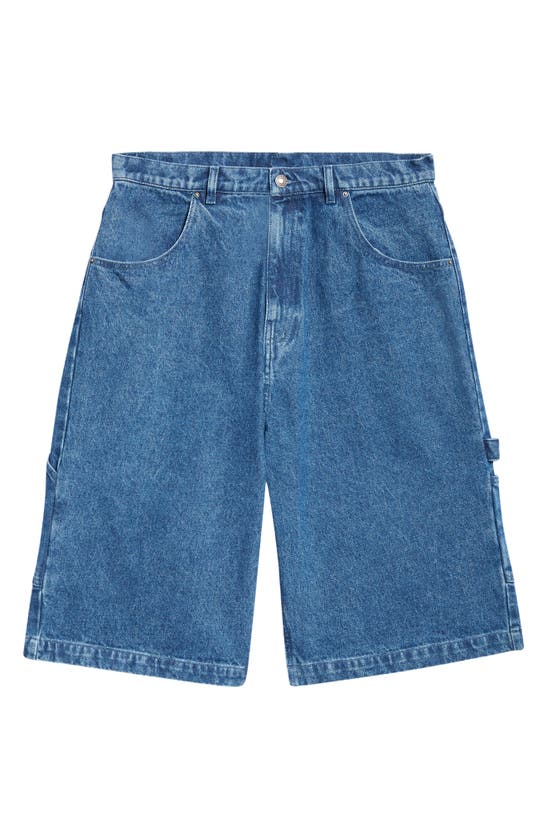 Shop Sky High Farm Workwear Gender Inclusive Perennial Logo Oversize Denim Utility Shorts In Blue