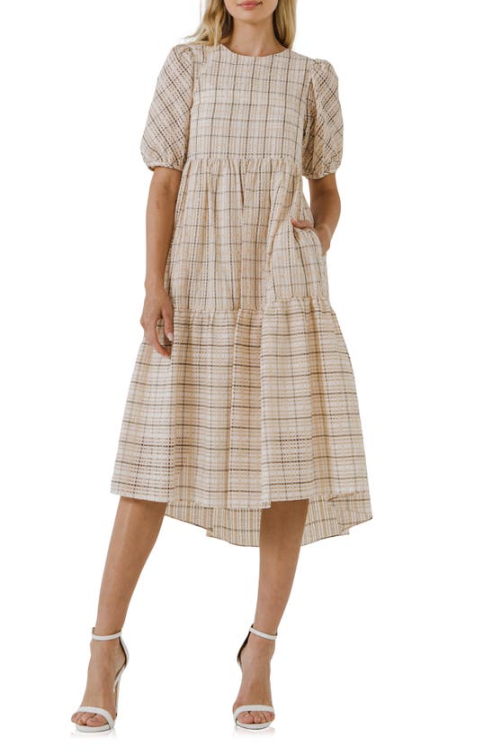 English Factory Plaid Tiered Ruffle Cotton Blend Dress In Cream
