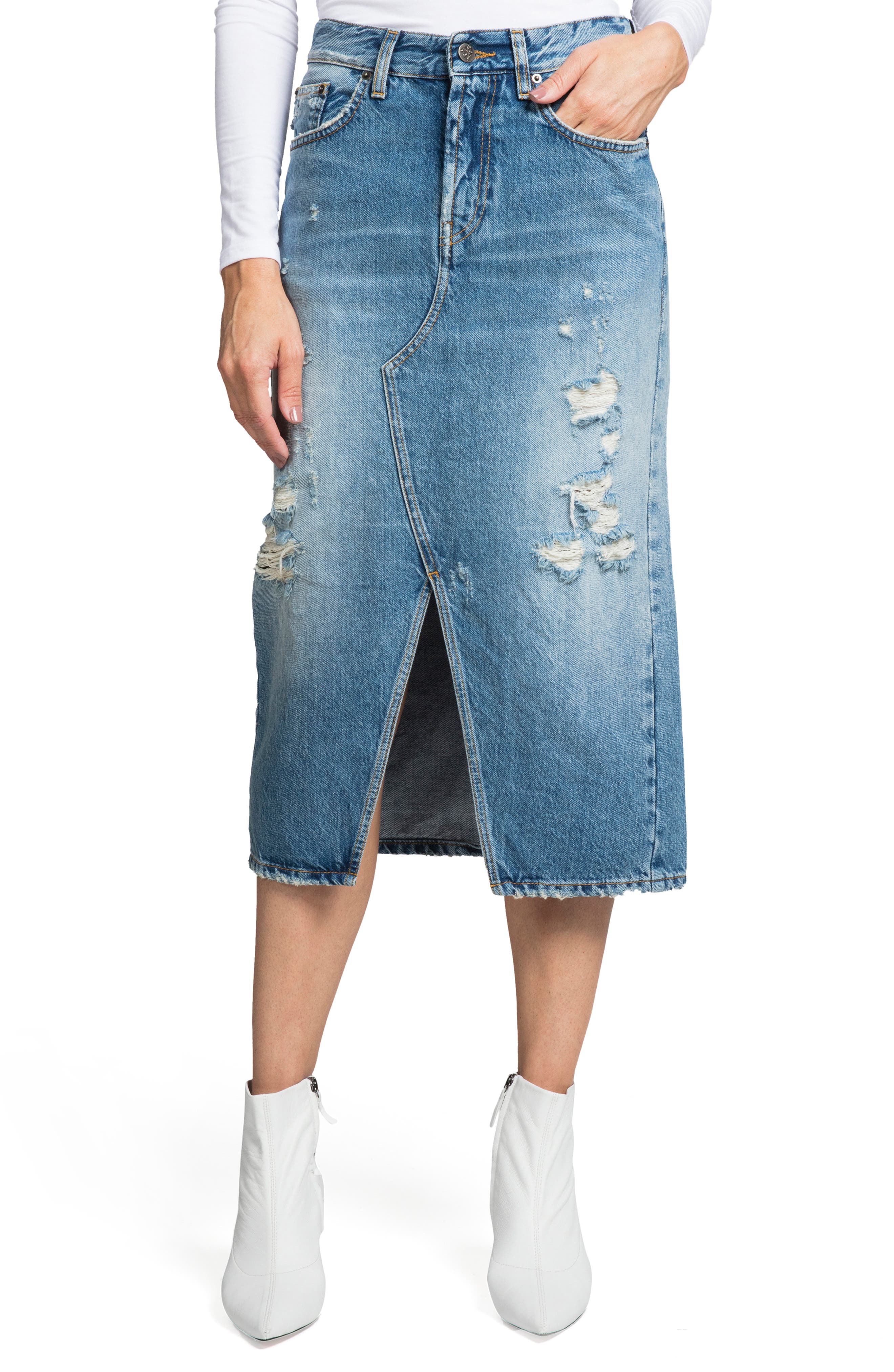 denim pencil skirt with front split