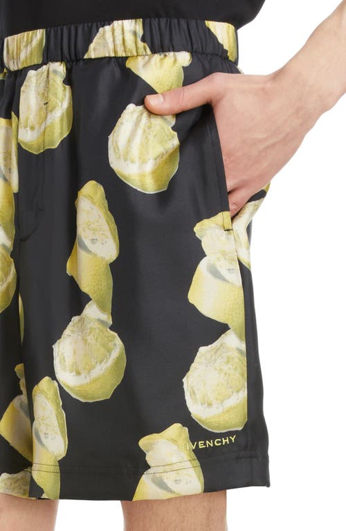 Shop Givenchy Formal Lemon Print Elastic Waist Silk Shorts In Black/yellow