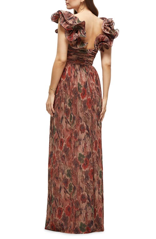 After Six Women's Dramatic Ruffle Edge Strap Fall Foral Pleated Metallic Maxi Dress In Harvest Floral Print