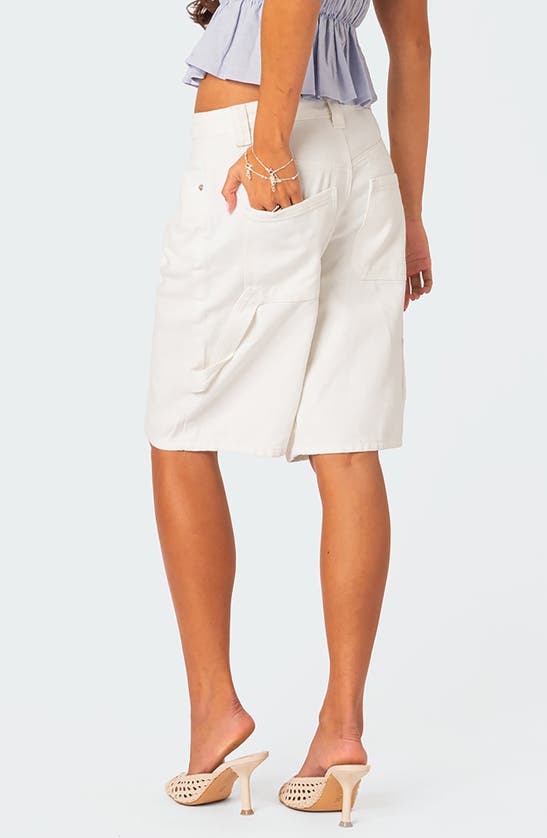 Edikted Low Rise Bermuda Denim Carpenter Shorts In White