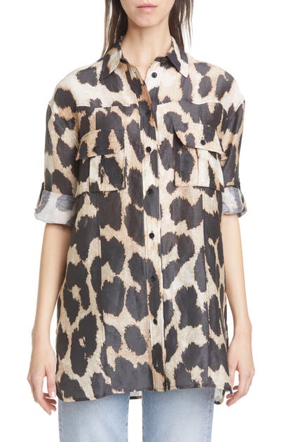 GANNI LEOPARD PRINT LINEN & SILK A-LINE TUNIC SHIRT,F4680