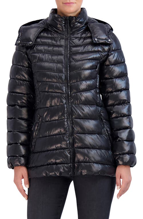 Cole Haan Signature Pearlized Mixed Quilt Hooded Puffer Coat in Black