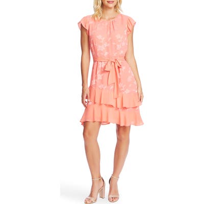 Cece Clip Floral Flutter Sleeve Dress, Orange