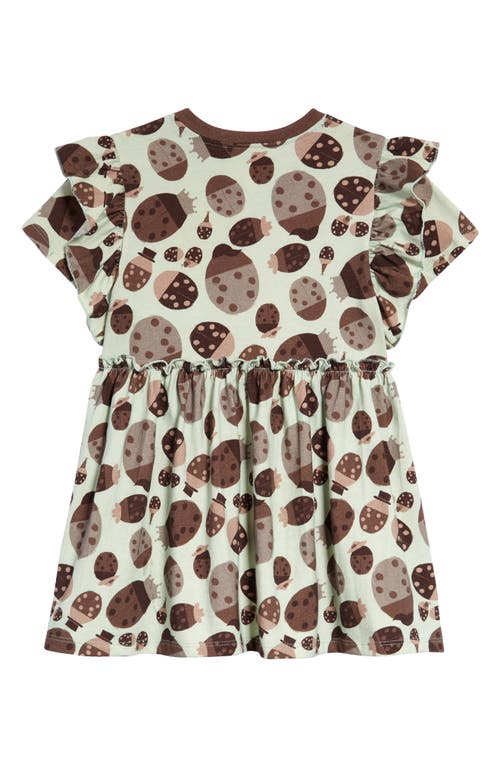 Naseberry Ladybug Ruffle Organic Cotton Dress In Brown/beige/green