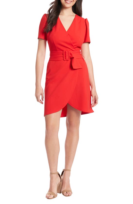Shop London Times Puff Sleeve Faux Wrap Dress In Red