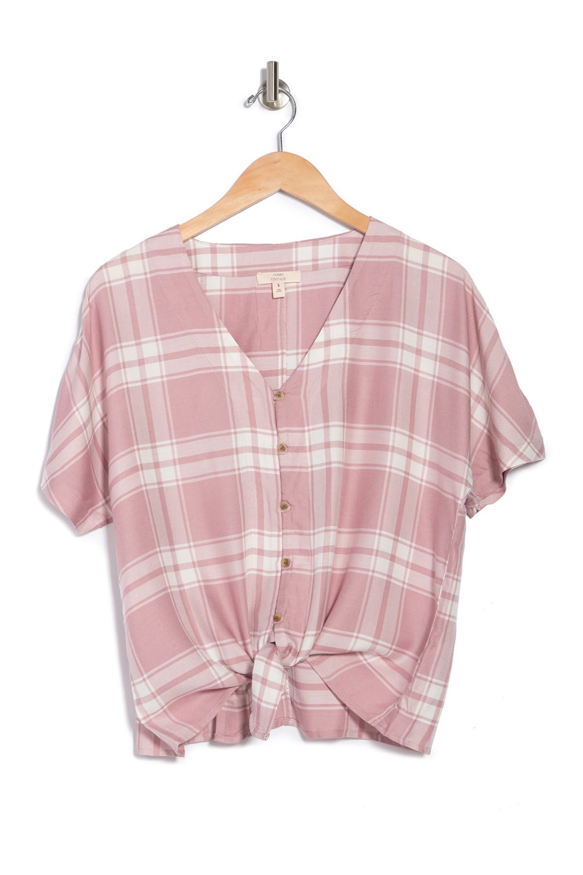 Como Vintage Short Sleeve Tie Front Top In Dusty Pink Plaid