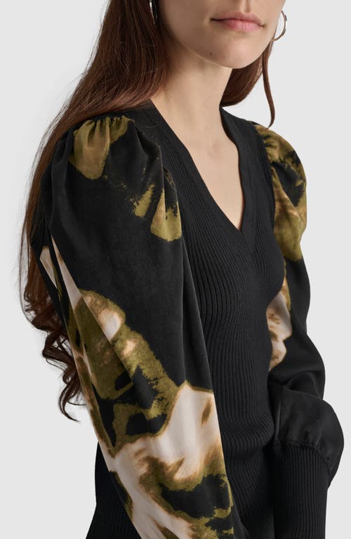 Shop Dkny Rib Puff Shoulder Sweater In Black/photo Floral