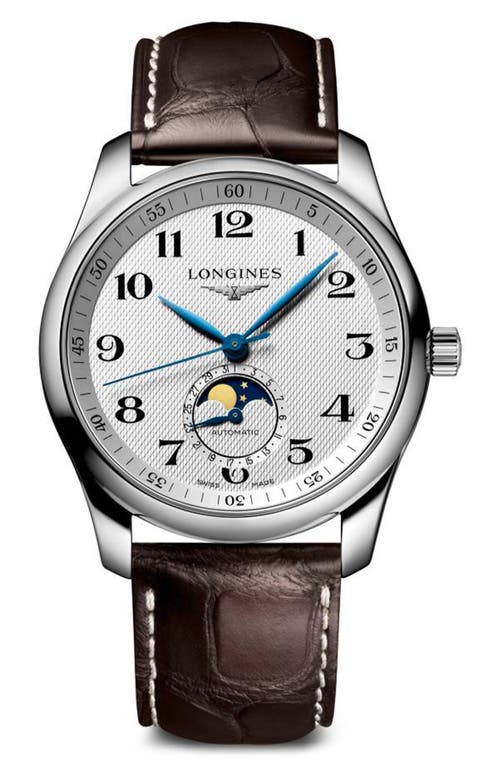 Shop Longines Master Automatic Leather Strap Watch, 40mm In White/brown