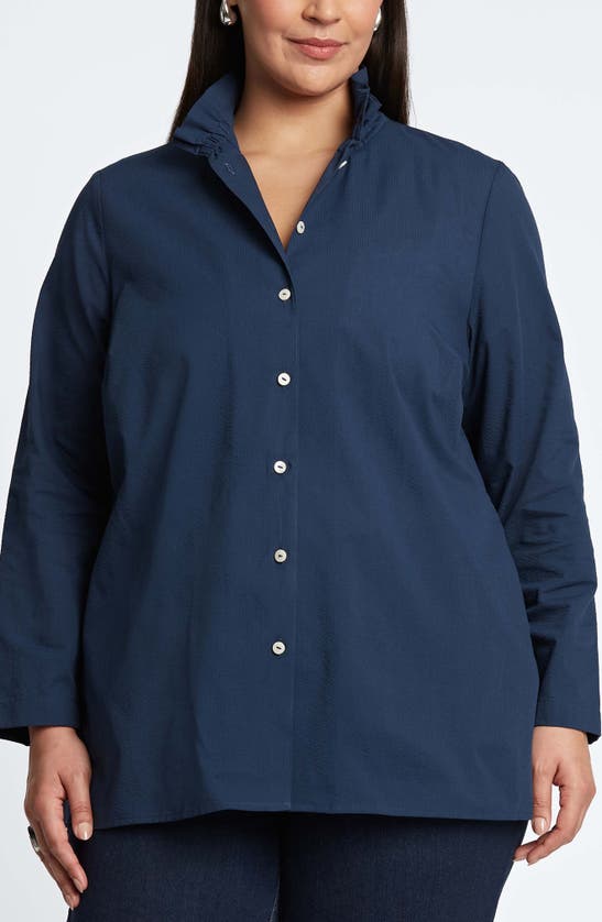 Shop Foxcroft Carolina Seersucker Cotton Blend Button-up Shirt In Navy