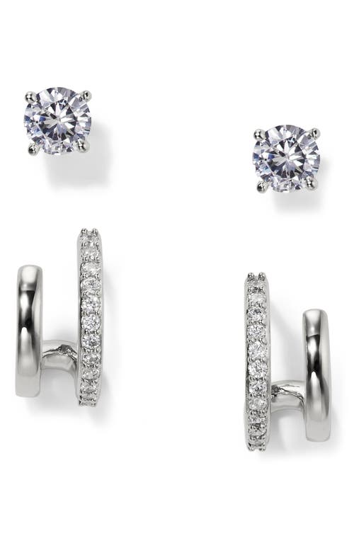 Shop Nadri Gifted Set Of Double Hoop & Stud Earrings In Rhodium