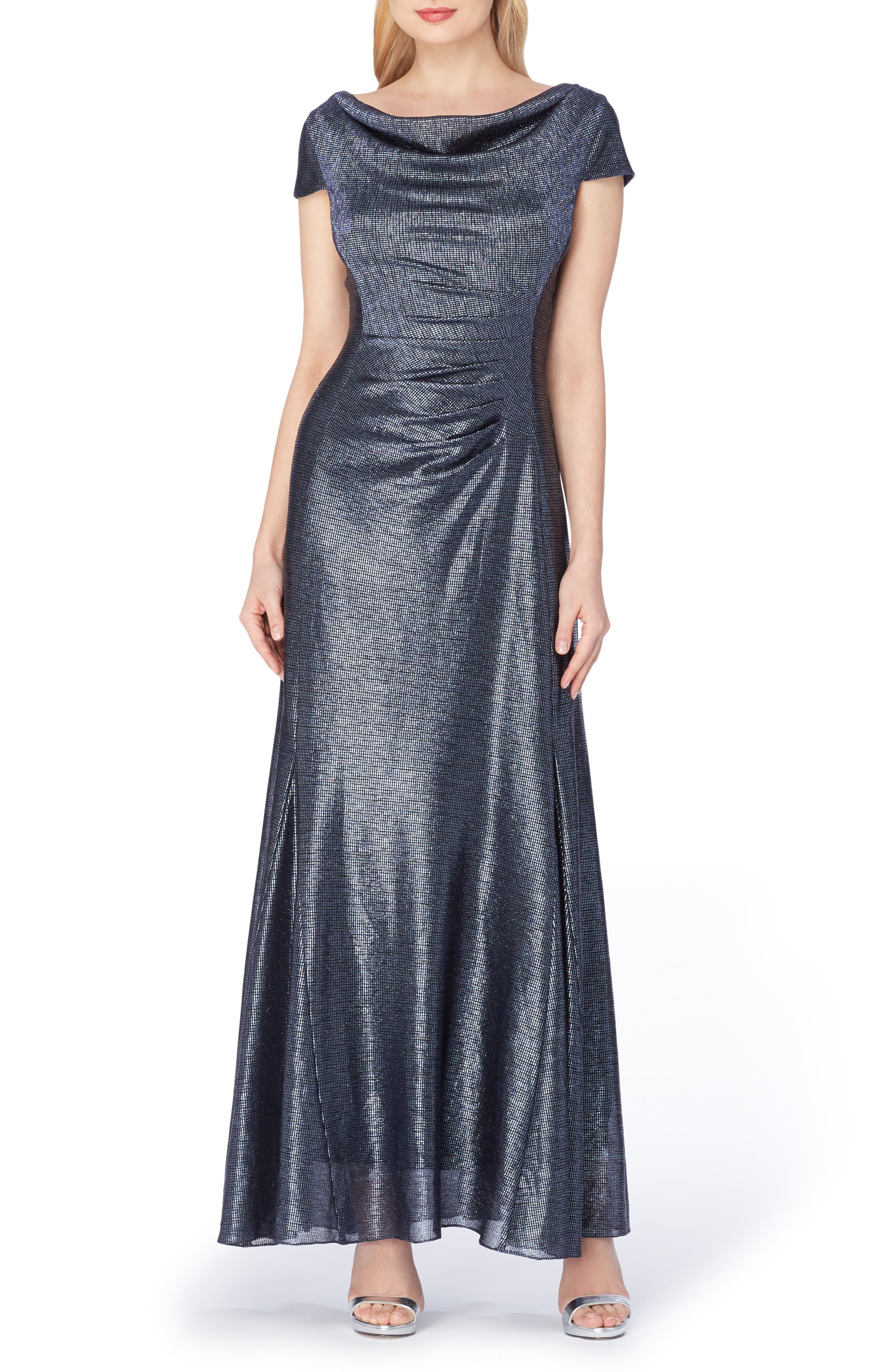 Tahari Metallic Foil Draped Gown, Blue