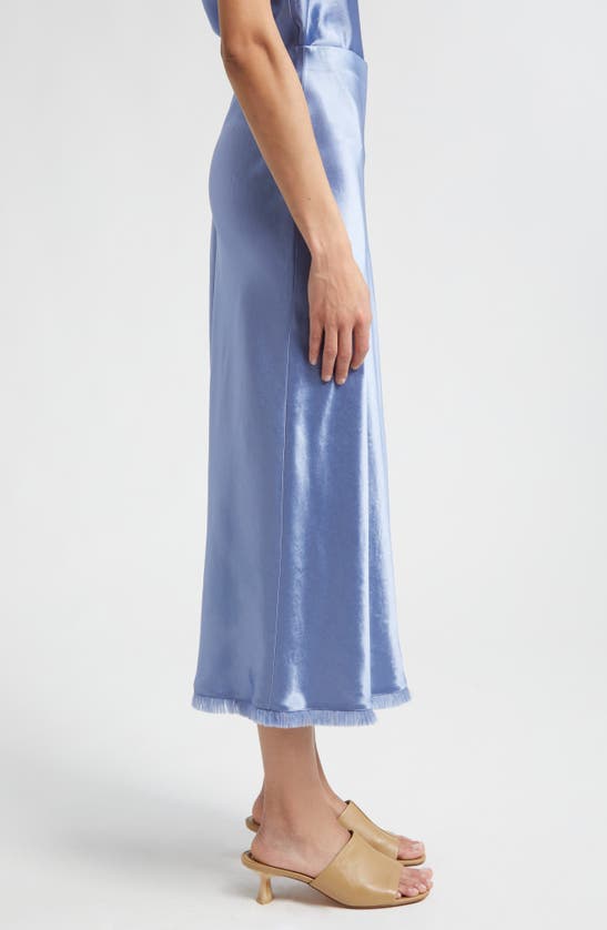 Shop Vince Frayed Trim Satin Midi Skirt In Azure Gem