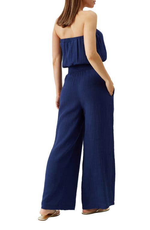 Shop Melissa Odabash Naomi Strapless Cotton Gauze Cover-up Jumpsuit In Navy