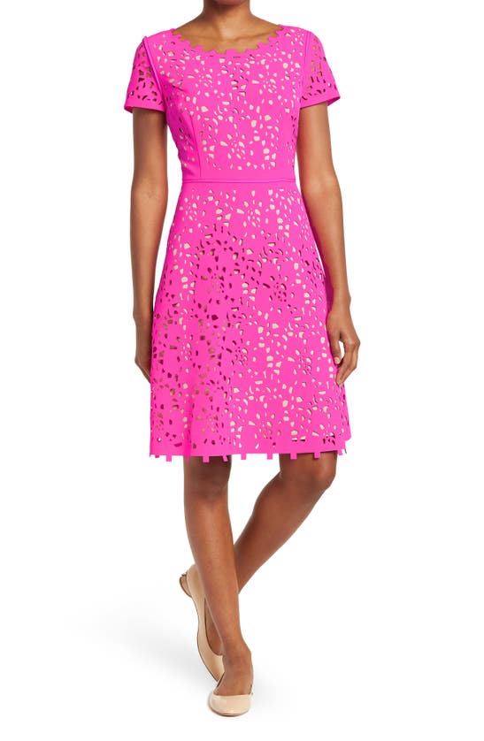 Focus By Shani Laser Cutout Short Sleeve Dress In Hot Pink