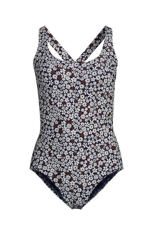 Shop Lands' End Chlorine Resistant Scoop Neck X-back High Leg Soft Cup Tugless Sporty One Piece Swimsuit In Deep Sea Navy Ditsy Floral