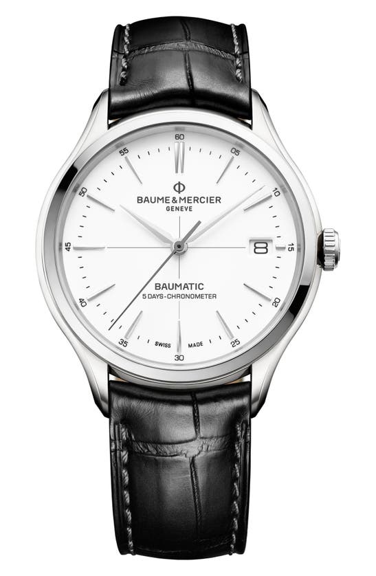BAUME & MERCIER CLIFTON BAUMATIC 10518 AUTOMATIC LEATHER STRAP WATCH, 40MM