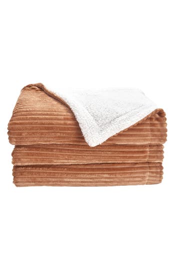 Woven & Weft Ribbed Faux Shearling Reversible Blanket In Toffee