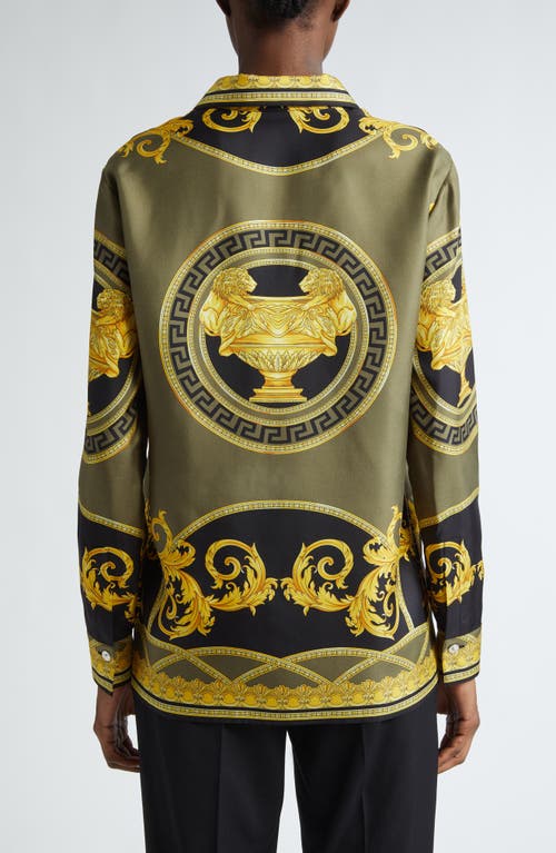 Shop Versace Barocco Print Silk Satin Button-up Shirt In Black Dark Olive Gold