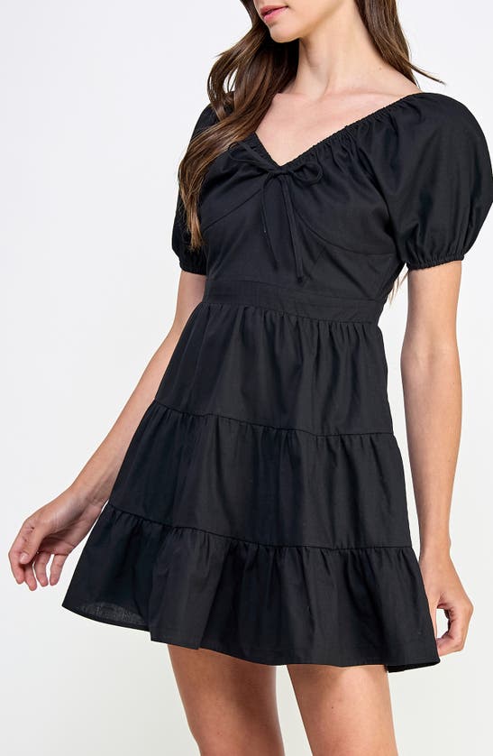 Shop Koko + Mason Tiered Puff Sleeve Cotton Minidress In Black