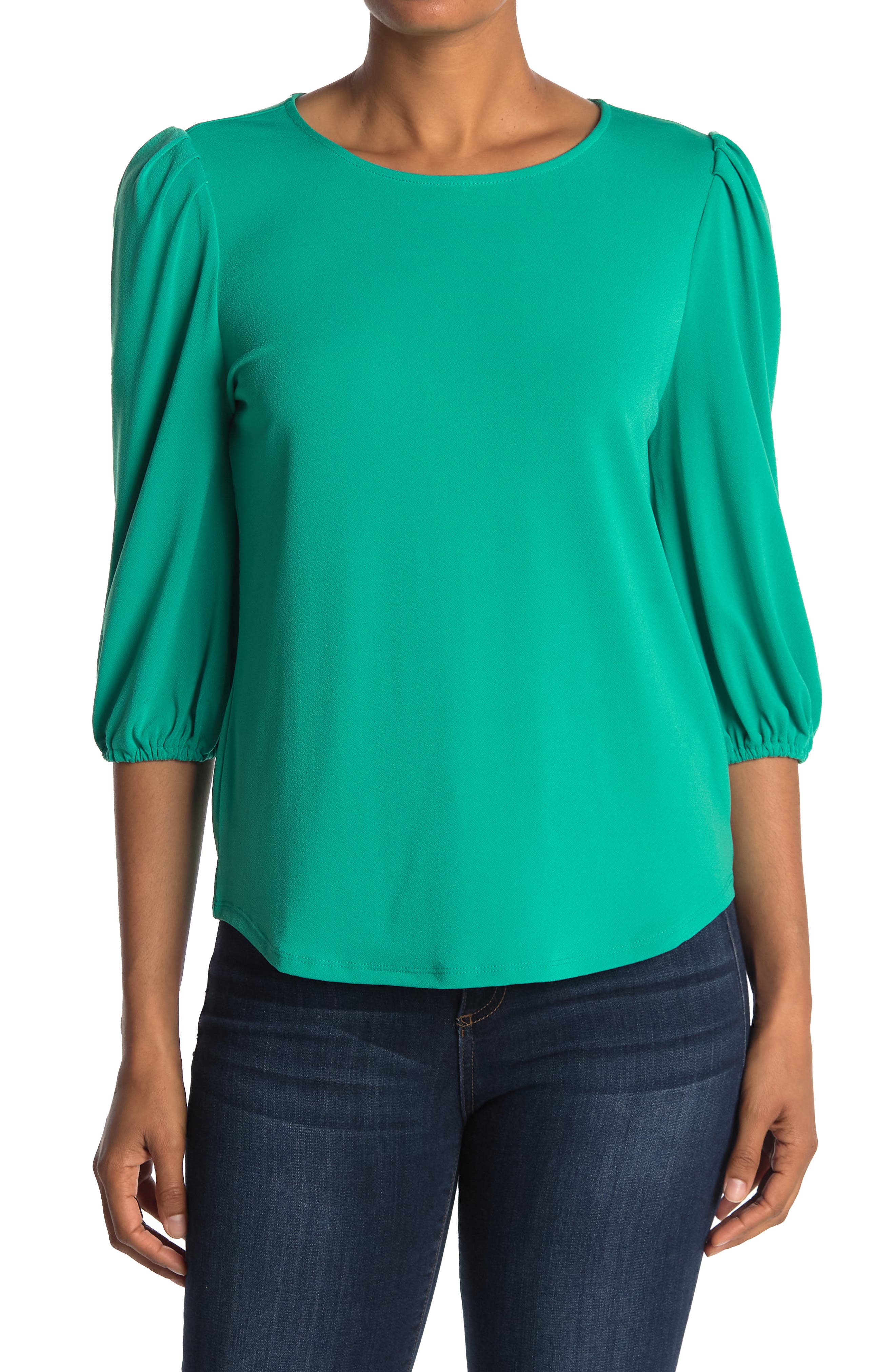 Adrianna Papell Scoop Neck 3/4 Sleeve Moss Crepe Top In Harbr Teal