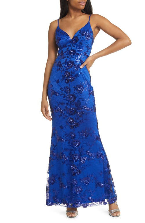 Shine Language Floral Sequined Lace Gown in Shiny Royal Blue