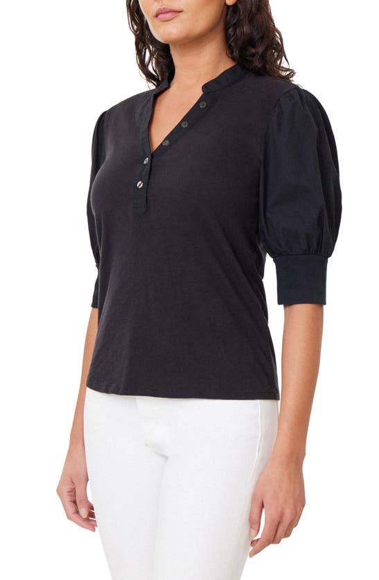 Habitual Puff Sleeve Cotton Henley In Black