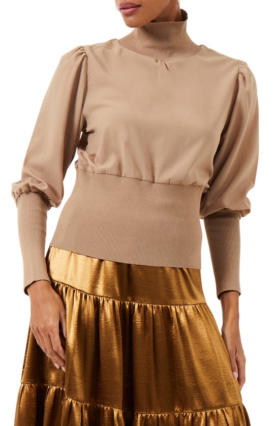 French Connection Krista Rib Trim Mixed Media Turtleneck In Camel