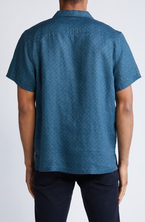 Shop Nordstrom Regular Fit Geo Pattern Linen Blend Camp Shirt In Navy- Teal Abstract Diamonds