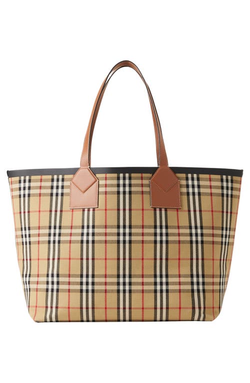 Shop Burberry Large London Check Cotton Canvas Tote In Briar Brown/black