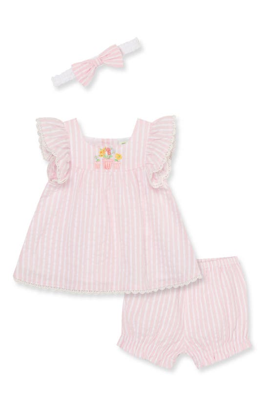 Little Me Babies' Garden Stripe Cotton Head Wrap, Flutter Sleeve Top & Shorts Set In Pink