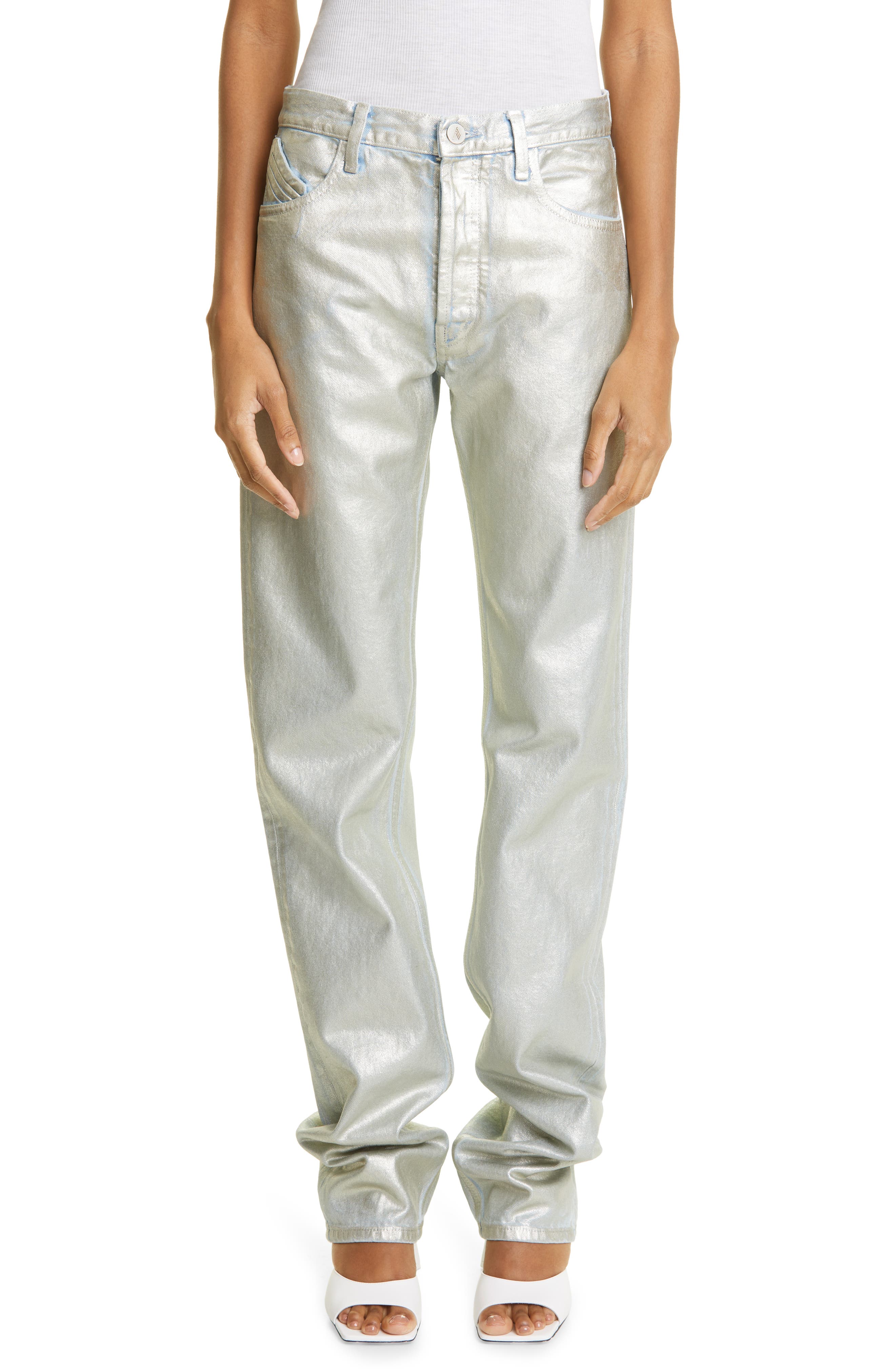 The Attico Painted Metallic High Waist Extralong Boyfriend Jeans in Platinum