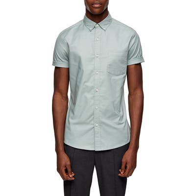 Topman Stripe Tape Short Sleeve Button-Down Shirt, Green