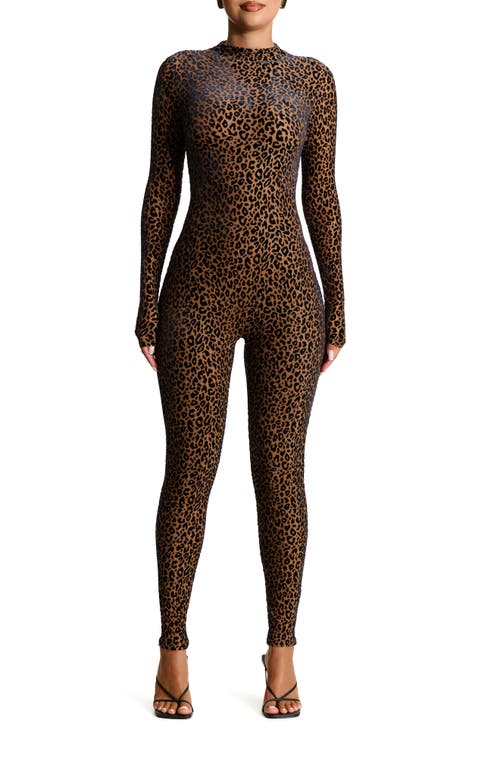 Shop Naked Wardrobe Burnout Velvet Long Sleeve Jumpsuit In Leopard Nude