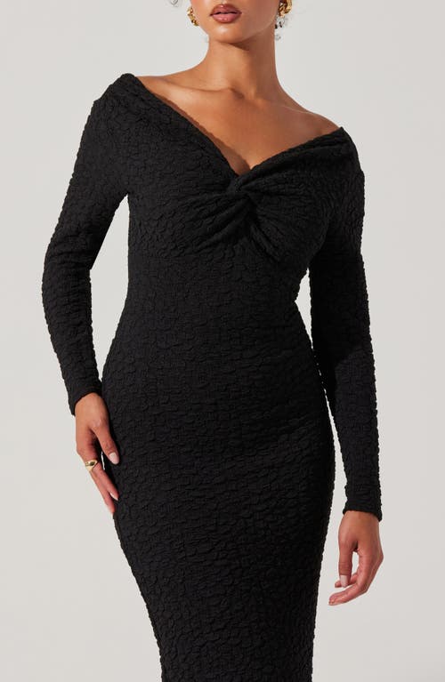 Shop Astr The Label Textured Knot Front Off The Shoulder Long Sleeve Dress In Black