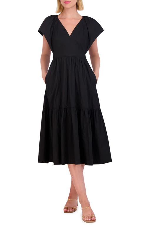 Flutter Sleeve Cotton Midi Dress in Black