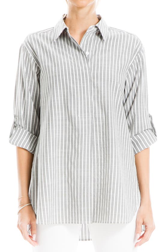 Max Studio Stripe Oversize Long Sleeve Button-up Tunic In Black Tri-tip Stripe