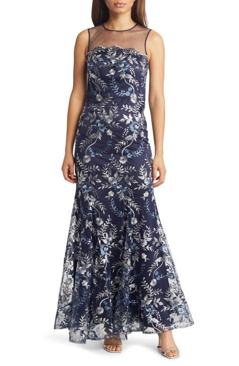 Floral Sequin Embroidered Sheer Yoke Gown