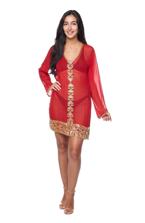 Shop Ranee's Ranees Embellished Long Sleeve Tunic In Red