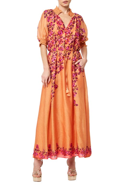 Shop Ciebon Cicile Puff Sleeve Embroidered Maxi Dress In Coral Blush