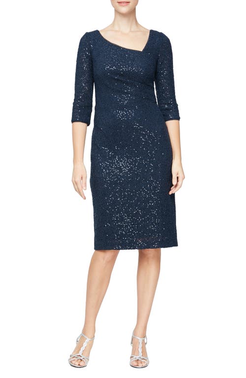 Alex Evenings Embroidered Sequin Sheath Dress in Navy