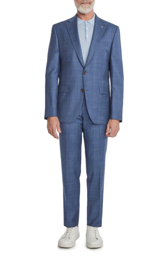 Jack Victor Esprit Windowpane Check Stretch Wool Suit In Mid Blue