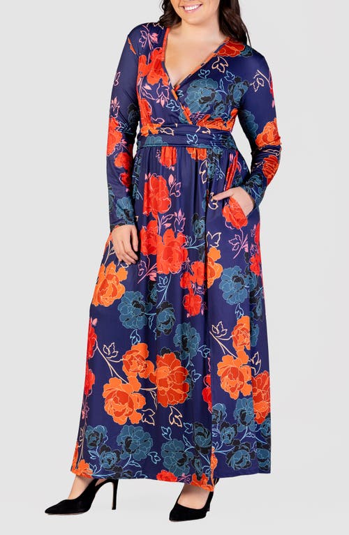 Shop 24seven Comfort Apparel Floral Long Sleeve Wrap Front Knit Maxi Dress In Orange Multi