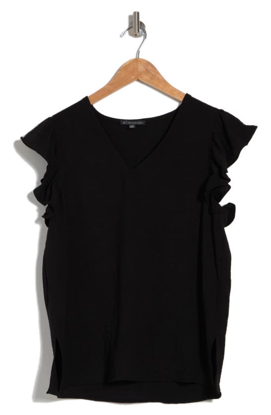 Adrianna Papell Flutter Sleeve Crinkled Satin Blouse In Black