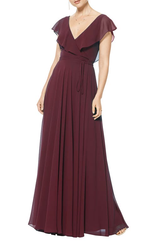 #Levkoff Ruffle V-Neck Wrap Gown in Wine